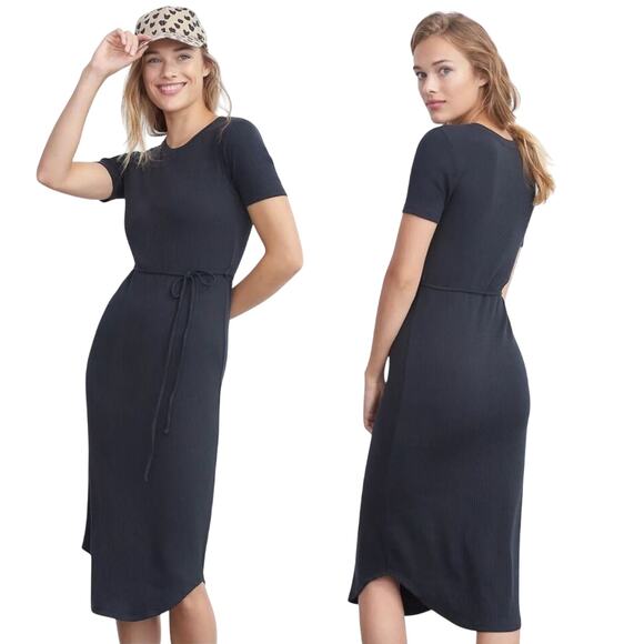 Anthropologie Saturday Sunday Addy Ribbed Knit Midi Dress Pima Cotton Black S - Picture 1 of 9